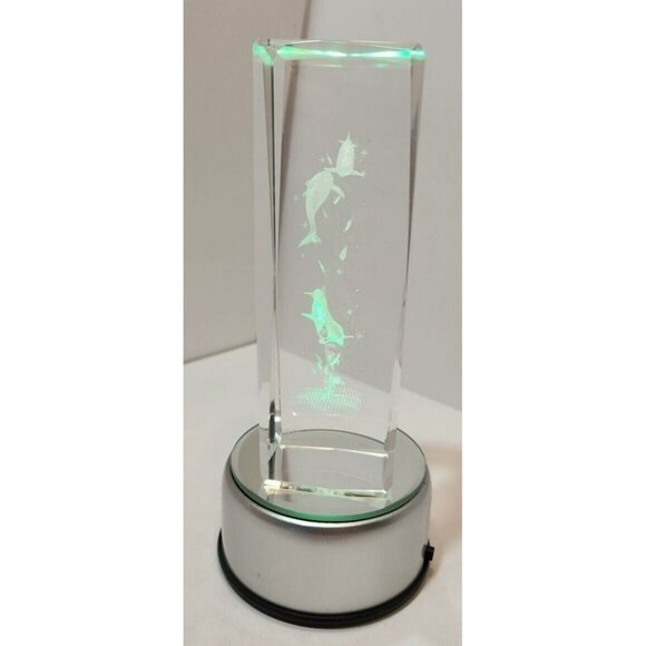 3D Laser Etched Dolphins Crystal Paperweight w/Lighting Base - Picture 12 of 16